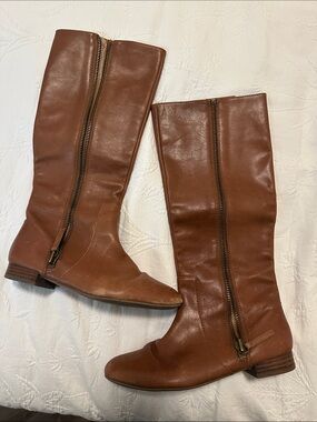 Nine West Cognac Brown Leather Knee Boots with Side Zip